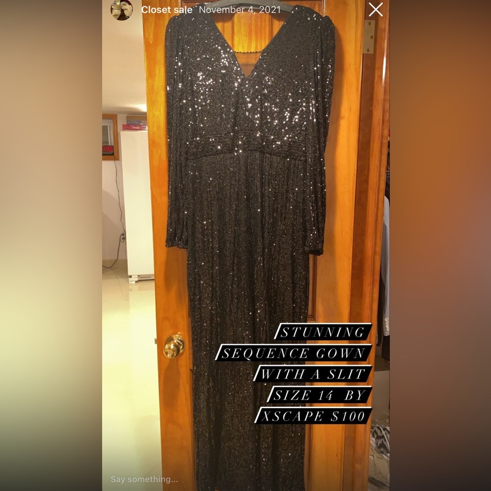 Xscape Black Sequin Long Sleeve V-Neck Gown